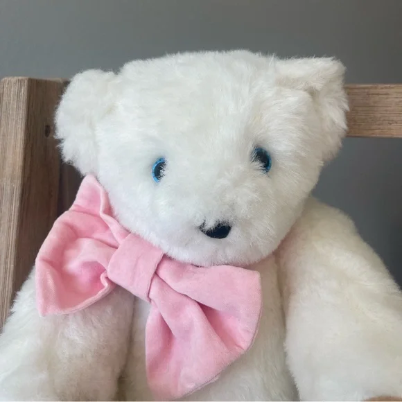 Cute Fluffy White Jointed Plush Bear with Pink Velvet Bow - Picture 1 of 13